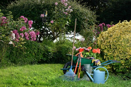 Gardener clearing a small front garden in Sydenham with wheelie bins